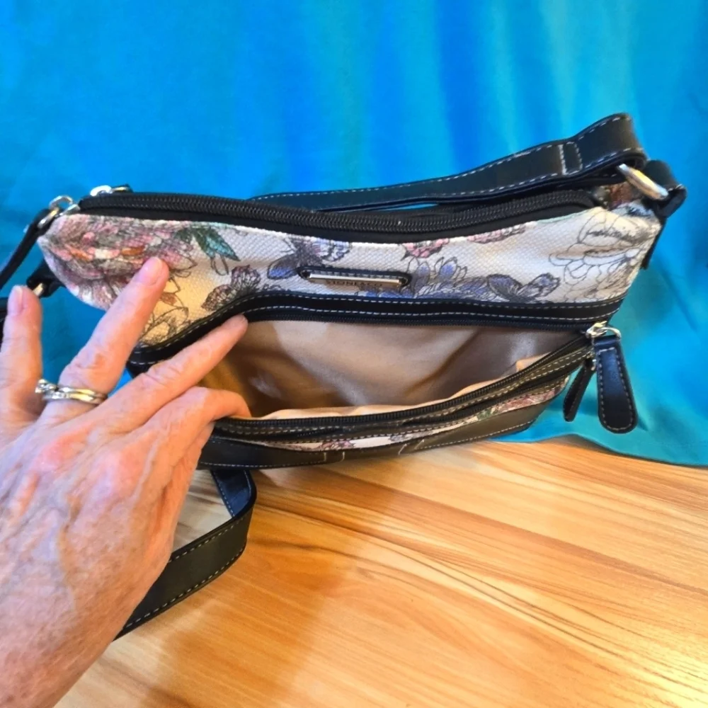 Stone & Co. Shoulder Bag Colorful Butterflies Black Trim Zipper Pockets Purse